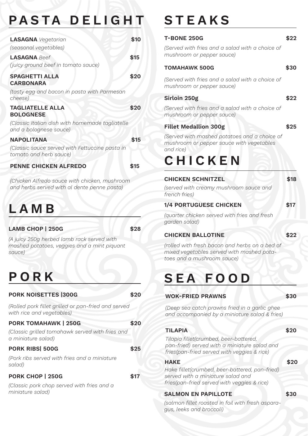 Original Seraphic food menu content page 2