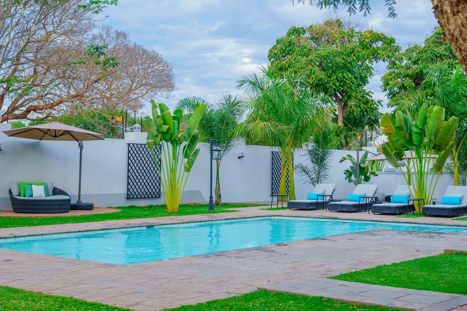 The pool, palms and garden seating at Ezulwini Villa