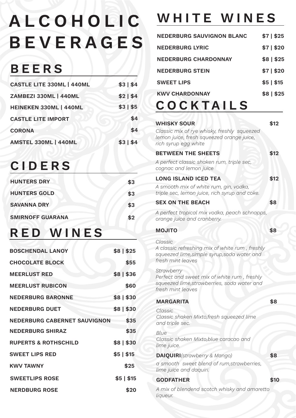 Original Seraphic drinks menu content page 1