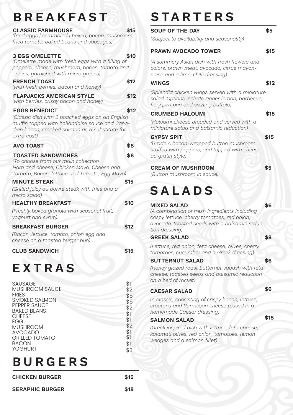 Original Seraphic food menu content page 1